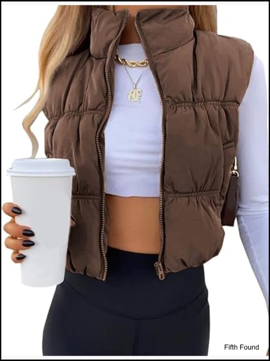 Jackets & Blazers - Cropped Puffer Vest Zip Up Stand Collar Lightweight Sleeveless Gilet Pockets